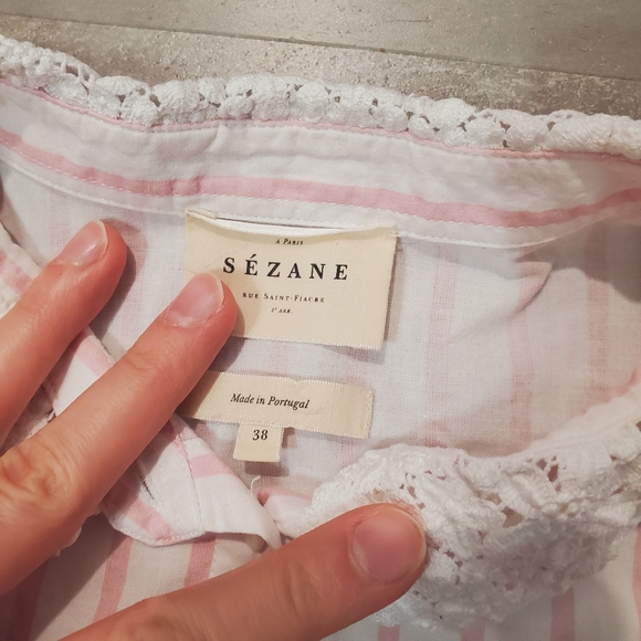 Sezane Gina Button Down Long Sleeve Cotton Shirt. White, Pink Striped. 6US. Lace - Picture 7 of 16